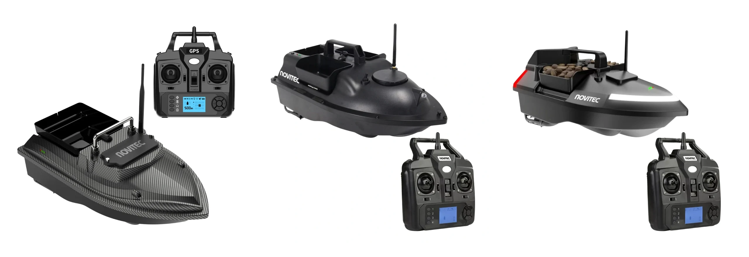 novitec scout titan ranger gps vergelijking de karpervisser Betaalbare voerboten voor het karpervissen: welke past bij jou? (2026) Novitec Scout GPS, Titan GPS en Ranger GPS voerboot naast elkaar